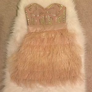 BEBE nude/light pink feather dress with gold studs
